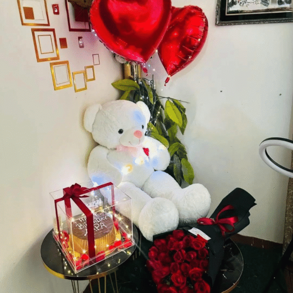 Ultimate Birthday Love: Giant Bear, Red Roses & Personalized Cake