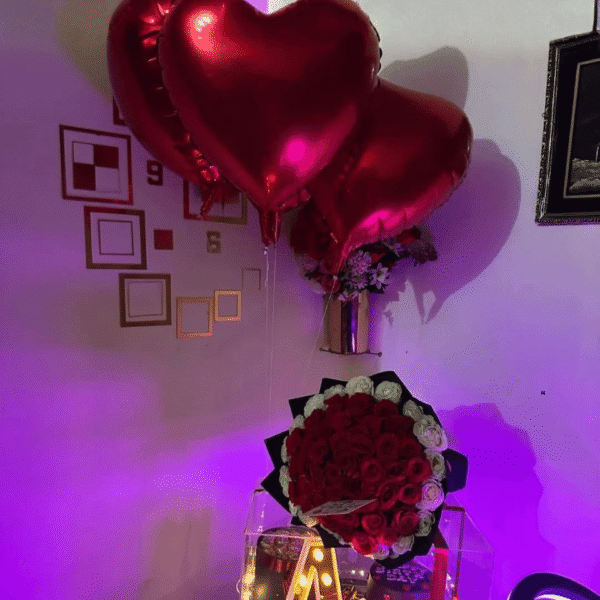 The Ultimate Anniversary Trio: Roses, Cake & Heart Balloons