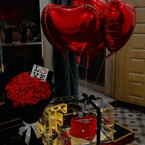 Roses, Heart Balloons & Personalized Illuminated Gift Box