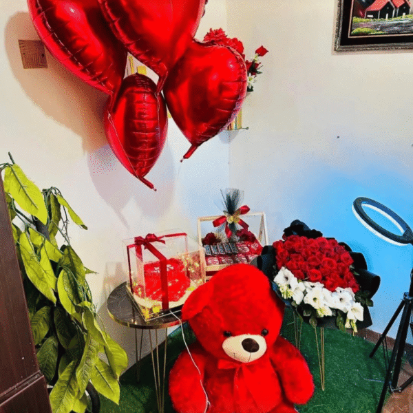 Ultimate Red Love Set: Giant Bear, Roses, Cake, & Balloons