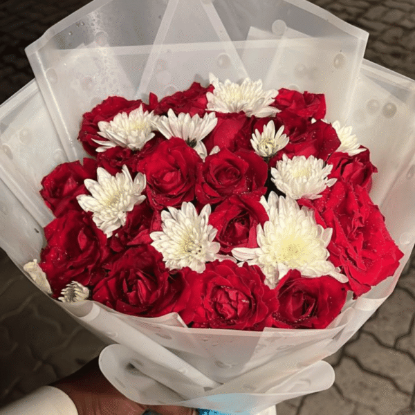 Red Roses & White Mum Compact Bouquet