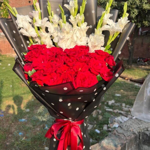 Crimson Rose & White Gladiolus Elegance Bouquet