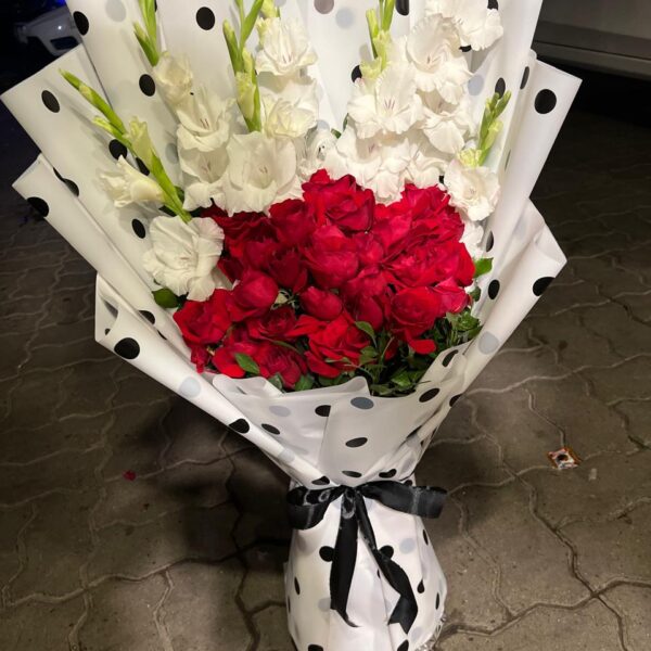 Polka Dot White Gladiolus and Red Rose Delight