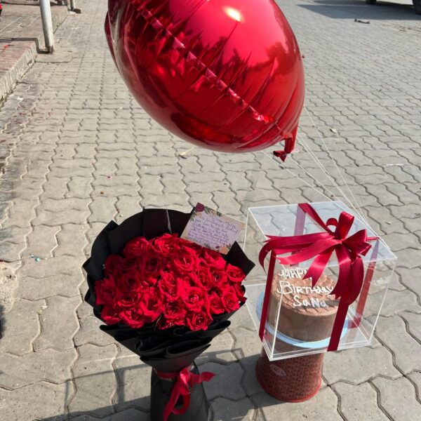Grand Romance Birthday Gift Set: Roses, Cake & Balloon