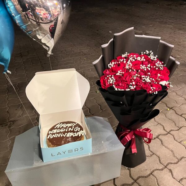 Ultimate Romantic Anniversary Gift Set: Roses, Cake & Balloon