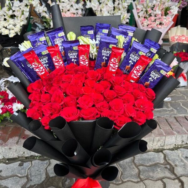 Anniversary Red Rose & White Gladiolus Black Wrap