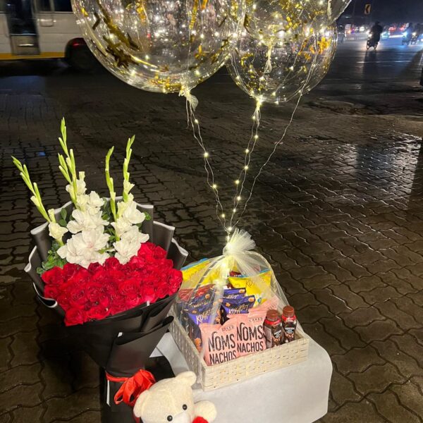 Luxury Love & Treats Hamper: Roses, Bear, Snacks & Fairy Light Balloons