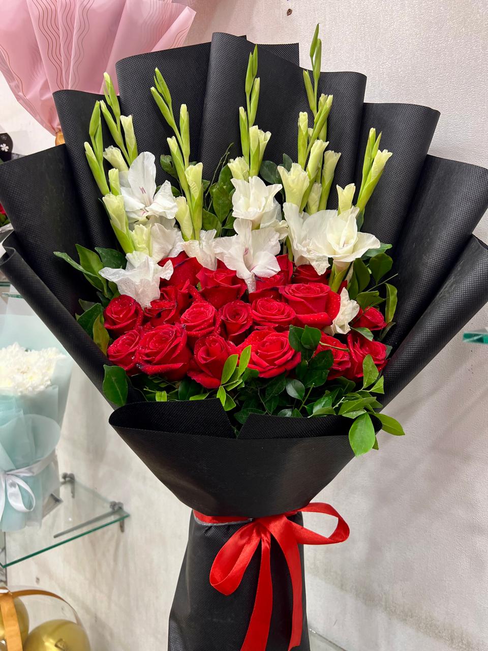 IMG-20251202-WA0020 Red Roses & White Gladiolus Statement Bouquet - Image 1
