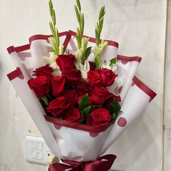 Dramatic Red Roses & White Gladiolus Bouquet