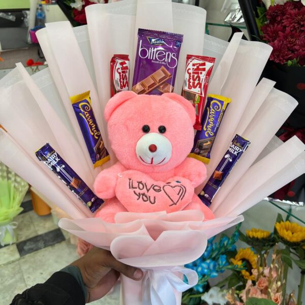 Pink Teddy Bear & Chocolate Celebration Gift Bouquet